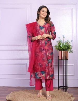 Designer straight fully stitched organza silk rani kurta set with dupatta